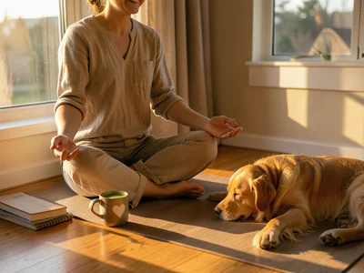 A person sitting cross-legged on a yoga mat beside a large window at sunrise, a 