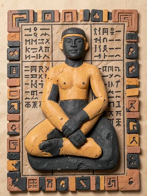 Clay figurine — abstract seated human form, ochre and black pigment — close-up