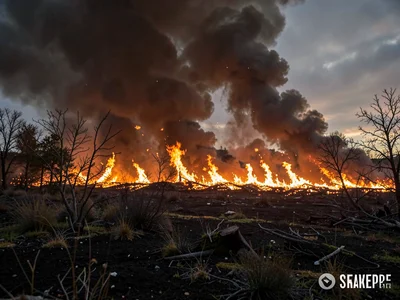 Wildfire front seen from safe distance, the full apocalyptic width of nature's r
