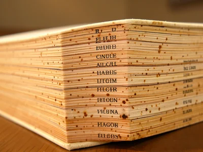 Encyclopedia spine side view, alphabetical volume labels creating orderly labele