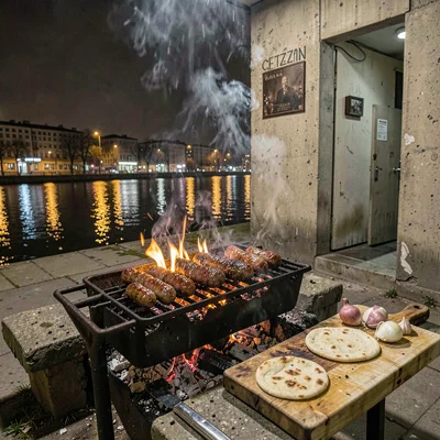 Belgrade brutalist night and Danube reflections, Cevapi sausages sizzling on out