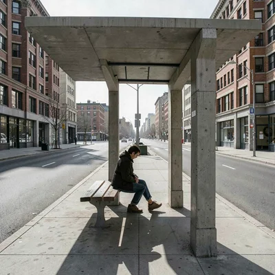 Planned city photography, modernist urbanism, A bus shelter of mid-century moder