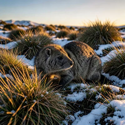 Tasmanian angular sub-Antarctic light, extreme raking shadows, Wombat foraging a