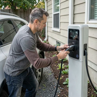 Documentary photography, unposed moment, Electric vehicle charging at home charg