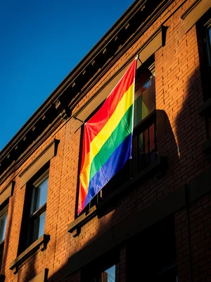 Rainbow flag hanging from brownstone window, brick building, blue sky