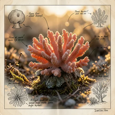 Coral specimen photo with naturalist's field journal sketch annotations around e