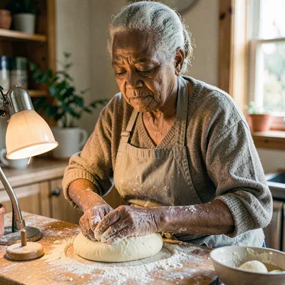 A gentle Black grandmother in her seventies kneading dough, lamp on her flour-du