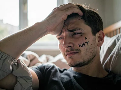 Hungover waking, squinting at too-bright window, hand blocking light, the existe