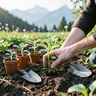 Fresh Alpine atmosphere, gentle pastoral quality, Hands planting seedling in gar