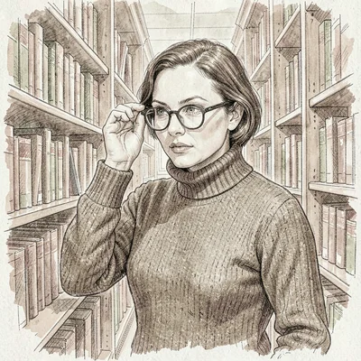 Loose ink sketch of a librarian in a wool turtleneck adjusting her glasses among