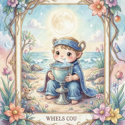 Whimsical tarot character of a tiny cup-bearer crab cradling a chalice of moonwa