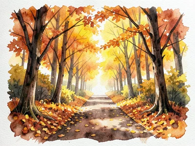 An autumn forest path with fallen leaves, the canopy in burnt orange and cadmium