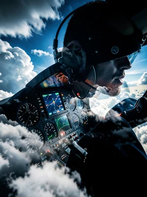 Pilot silhouette filled with cockpit instrument panel and clouds, double exposur