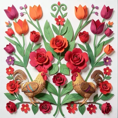 Polish wycinanki paper cut illustration, tulips and roses arranged in symmetrica