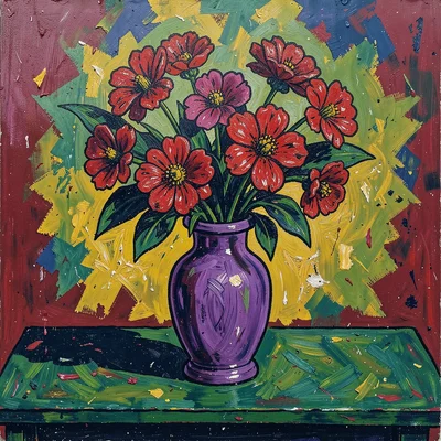 Still life of a vase of flowers — violet vase, red flowers, emerald tabletop