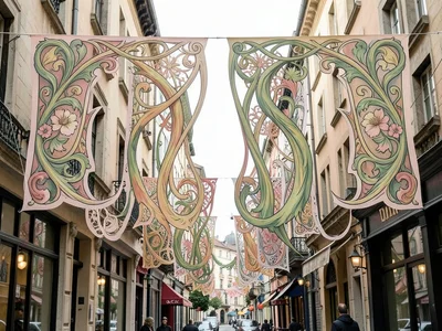 Papel picado banners but in Art Nouveau flowing organic shapes, hanging in stree