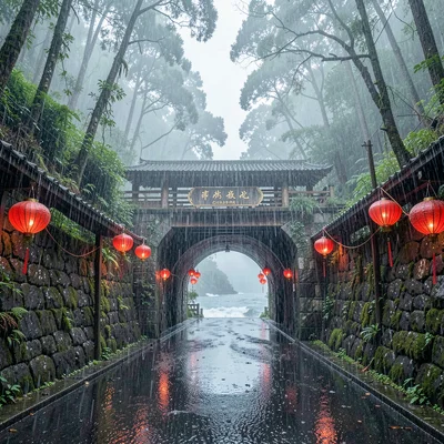 Jiufen rain beauty, wet mountain coastal, Gold mining town tunnel entrance, wood