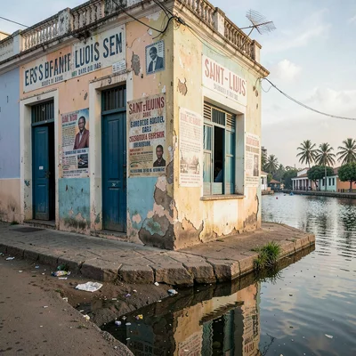 Soft morning light on faded colonial pastels, Saint-Louis Senegal, Street corner