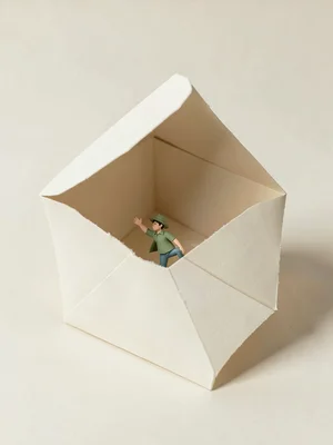 Oversized folded paper envelope tilts open while a tiny sage figure climbs out o