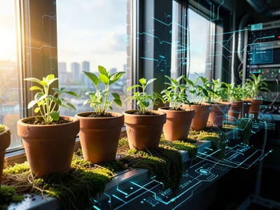 Row of terra cotta pots with herb seedlings on sunny windowsill