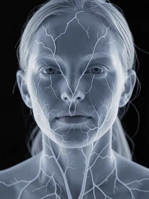 Human portrait in infrared revealing the veins beneath skin, beauty becoming med