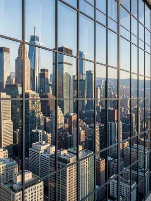 Entire skyline reflected in skyscraper windows, city containing infinite version