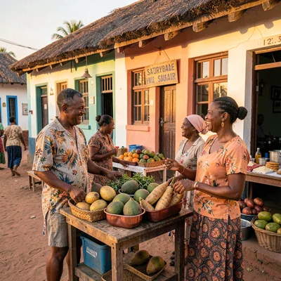 Chattel house colors in Barbados afternoon light, Bajan market vendor selling ya