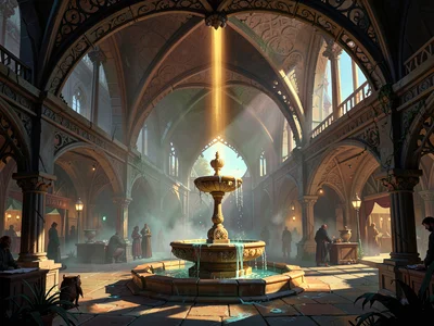 Fantasy elven market square at dawn under filigree arches, single golden shaft o