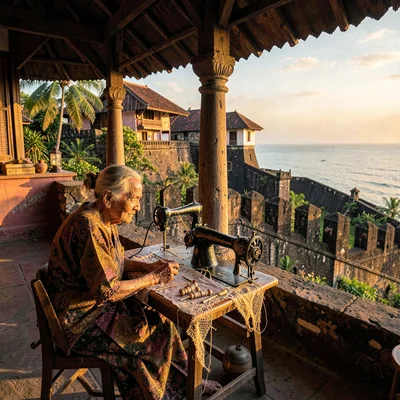 Galle fort golden hour, Dutch colonial tropical, Lace maker at work, elderly wom