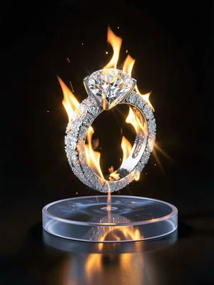 Diamond ring floating on invisible support, six lights creating perfect fire