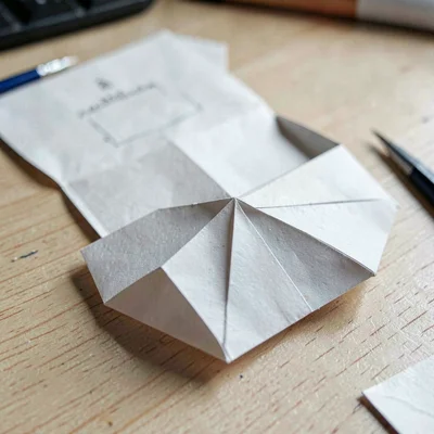 Macro of a folded paper cube unfolded into a flat net on a desk