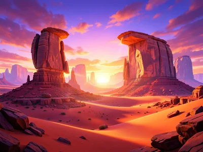 Surreal desert landscape with impossibly balanced rock formations at sunset