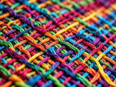 Hand-woven textile with rainbow warp threads, weave pattern visible