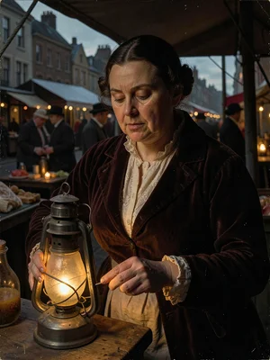 Market vendor at dusk, a single oil lantern illuminating hands and the underside