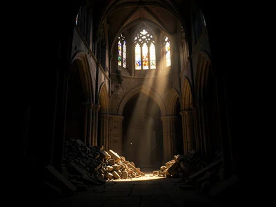 A vast abandoned cathedral interior with dust motes drifting through a single sh