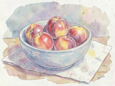 Bowl of ripe peaches on linen tablecloth