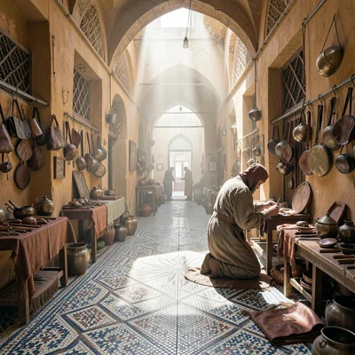 Fes medina light penetration, souk depth, zellige tile worker arranging mosaic p