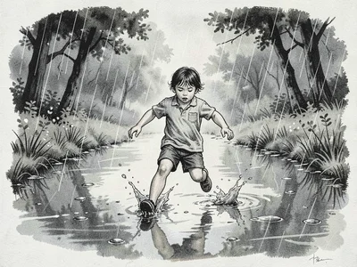 Child running through puddles