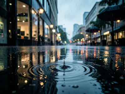 A puddle reflecting an entire building facade and sky, a single raindrop hitting