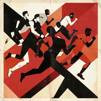 Soviet constructivist poster illustration, athletes running in geometric formati