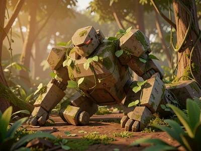 Mossy lowpoly mech slumped against a jungle clearing with faceted leaves growing