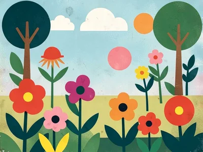 Retro garden with simplified flowers