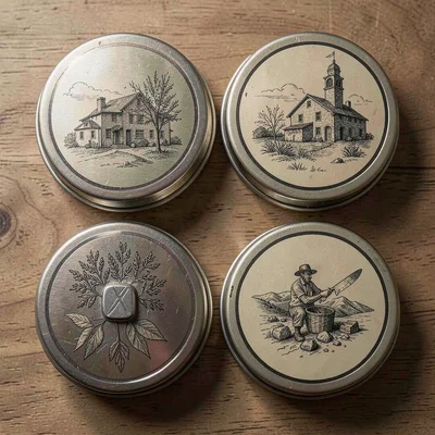 Tea Tin Lid Lithograph Four Square Grid