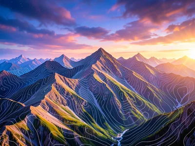 Mountain photograph where ridgelines become contour lines of topographic map