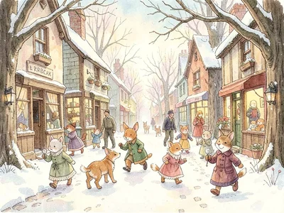 Snowy village with hurrying animals