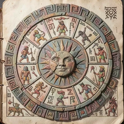 Stone calendar wheel carving, close-up of central sun glyph