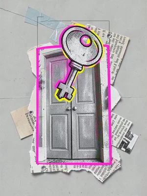 Editorial cut-paper collage of a hand-drawn key hovering over a halftone door cu