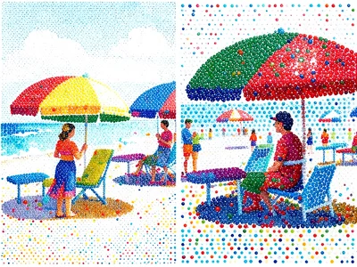 Beach scene with umbrellas and figures, each umbrella a solid dot-color medallio