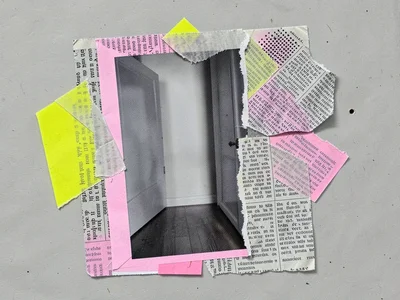 Through a torn photographic doorway taped sideways onto layered halftone paper, 