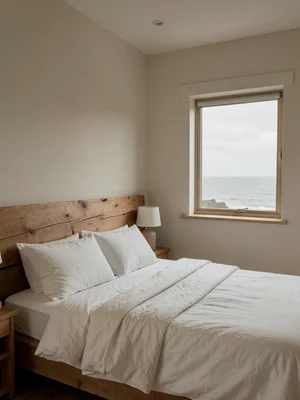 Bedroom in an Irish coastal retreat, white linen bedding, raw timber headboard, 